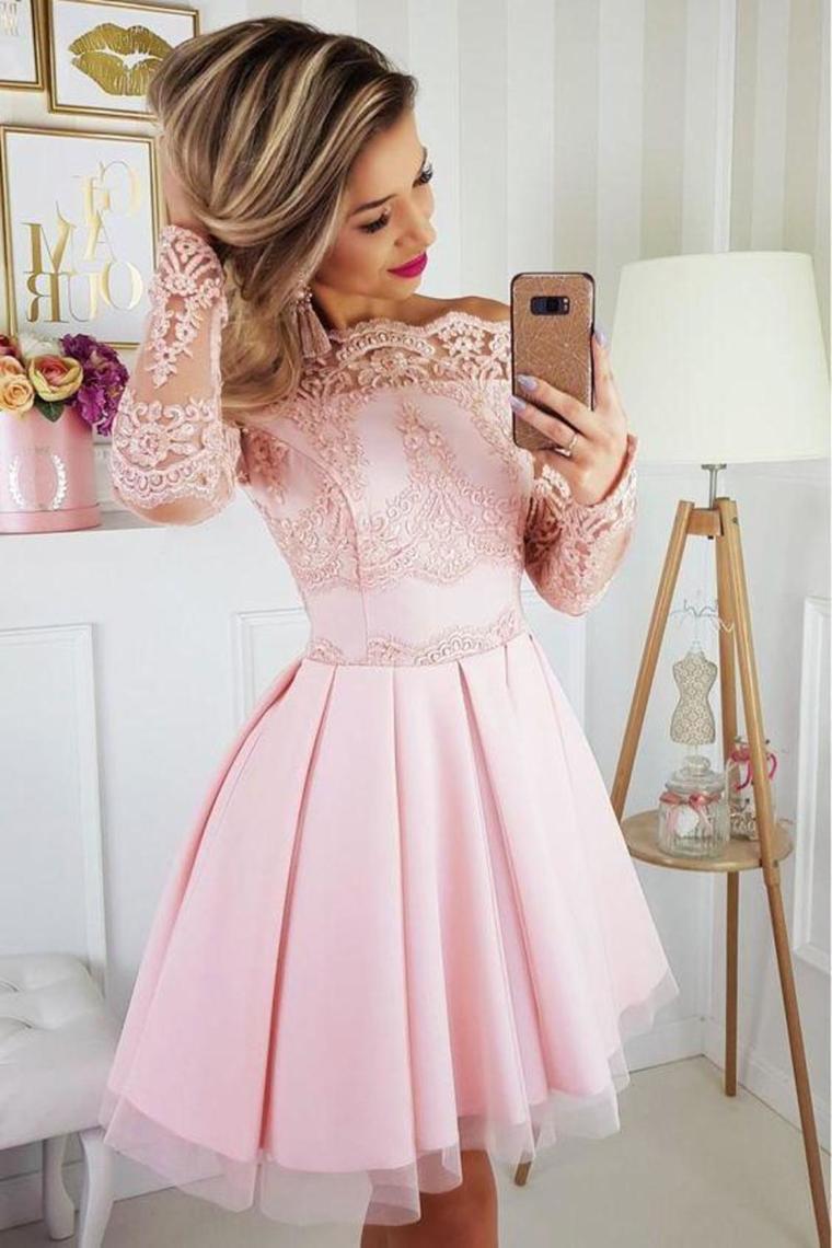 Off The Shoulder Long Sleeves Short Homecoming Dress With Lace