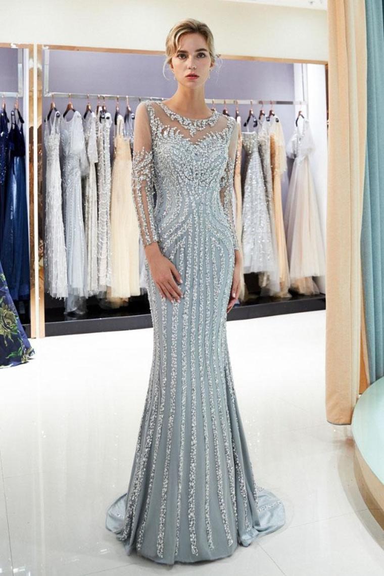 Beaded Evening Dresses Luxury Mermaid Crystal Sweep Train Long Sleeves Prom