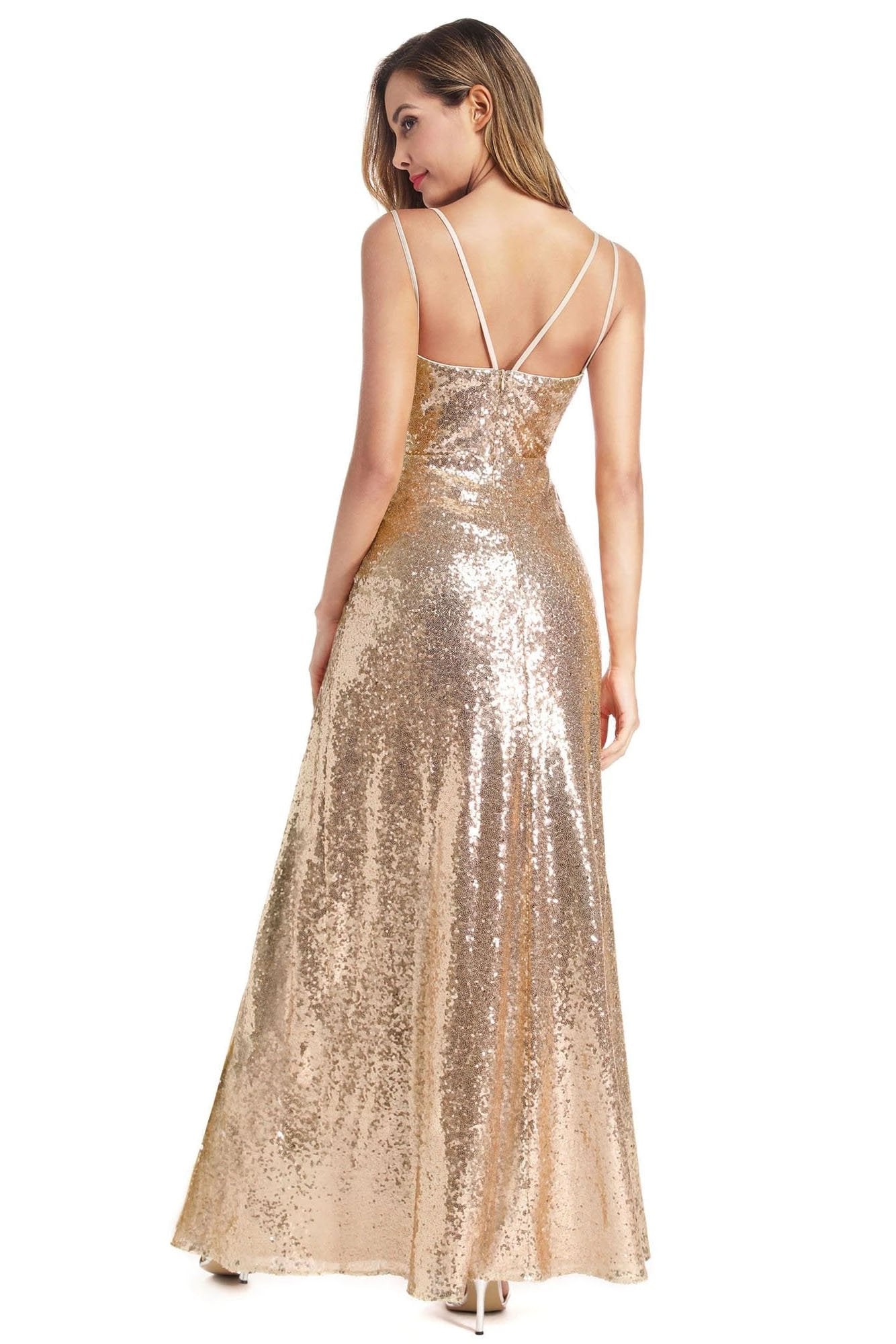 A Line Spaghetti Straps Sequins V Neck Backless Prom Dresses with Side Slit Formal Dress STC15030