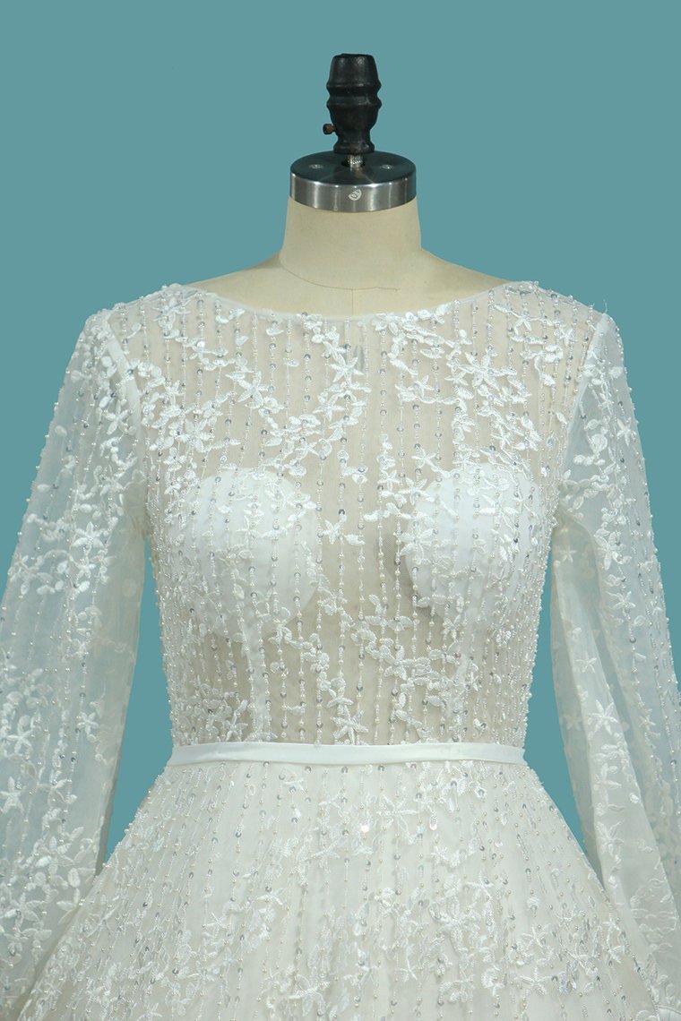 2024 Lace Wedding Dresses A Line Scoop Long Sleeves With Sash Court