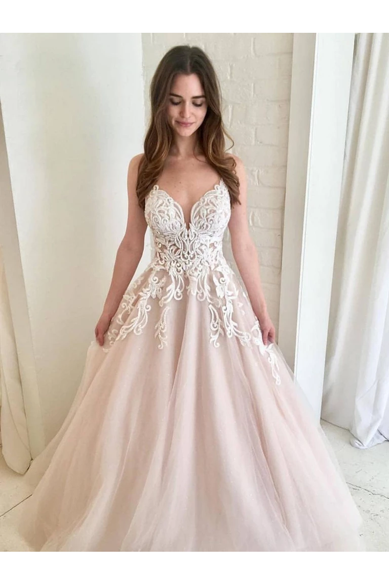 A Line V Neck Champagne Tulle Prom Dresses Wedding Dress Formal