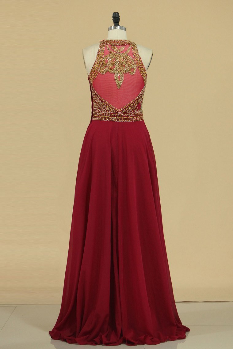 Prom Dresses Scoop A Line Chiffon With Beads Floor Length