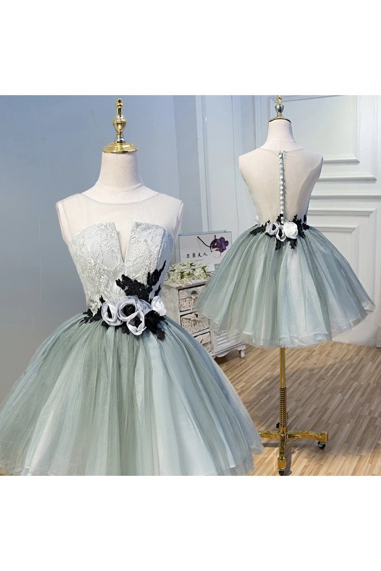 A Line Tulle Flowers Short Homecoming Dresses Zipper