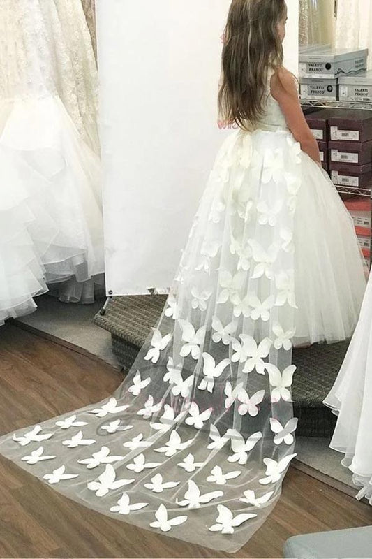 Princess A-line Ivory Long Flower Girl Dress with Flowers Train, Unique Baby Dresses STC15288