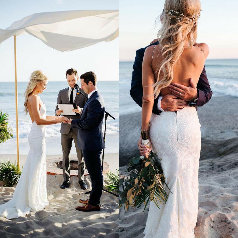 Spaghetti Straps V Neck Lace Wedding Dresses, Backless Mermaid Beach Wedding Gowns STC15423