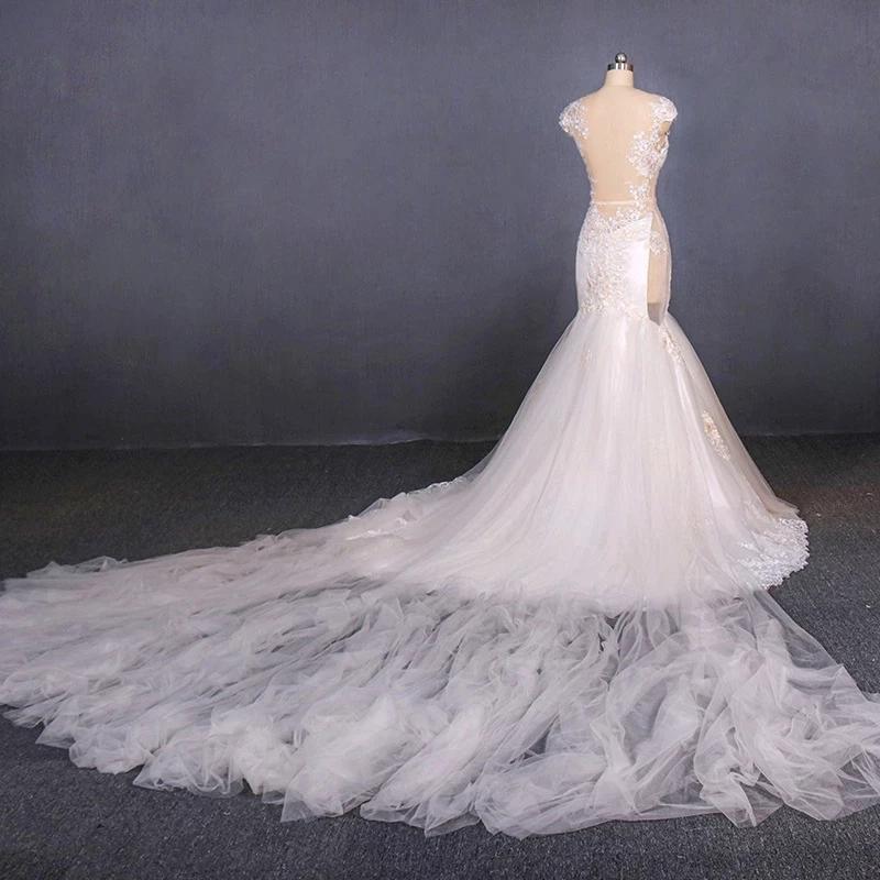 Charming Mermaid Tulle V-neck Wedding Dress, Sheer Back Long Bridal Dresses STC15112