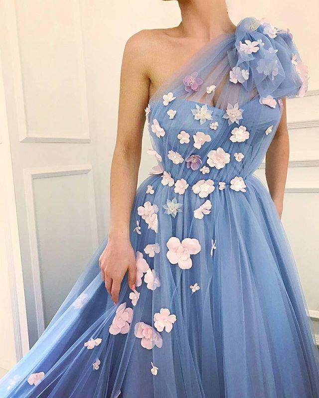 Charming One Shoulder Blue Tulle 3D Flowers Prom Dresses, Long Cheap Dance Dresses STC15119