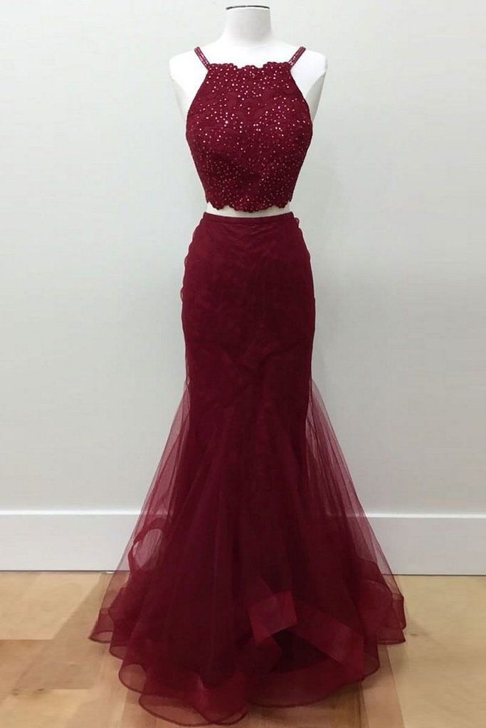 Hot-Selling Two-Piece Mermaid Halter Sleeveless Burgundy Long Prom Dress with Beading