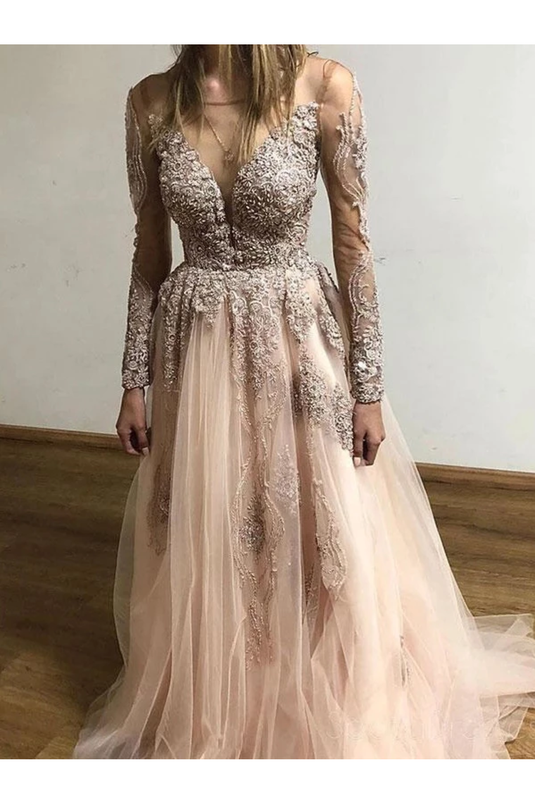 Sheer Round Neck Appliques Long Sleeves Tulle Prom Party STCP3AF4A68