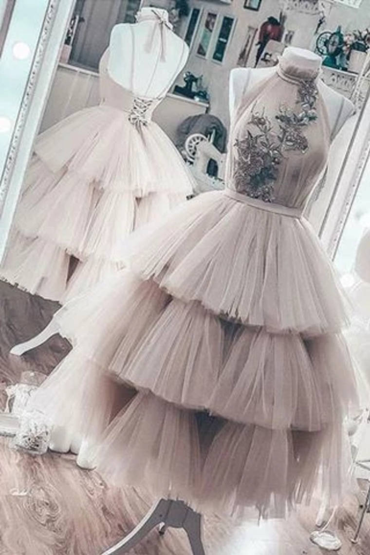 Unique Short Layered Tulle High Neck Short Prom Dress, Homecoming
