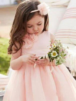 Cute Pink Tulle Flower Girl Dresses with Sash Floor Length, Round Neck Child Dresses STC15575