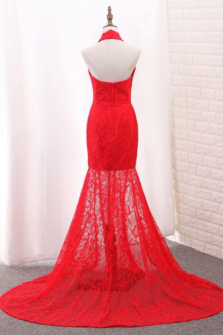 Mermaid High Neck Prom Dresses Lace With Slit Sweep