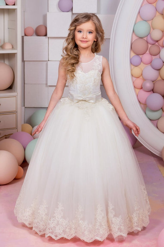 2024 Ball Gown Flower Girl Dresses Scoop Tulle With Applique And