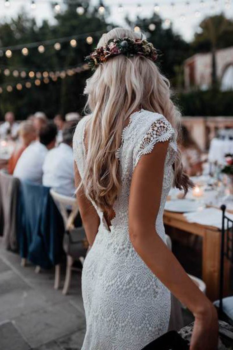 Backless Lac Mermaid Wedding Dresses Cap Sleeve Bohemian Bridal