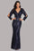 Long Split Sleeve Mermaid V Neck Dark Navy Blue Sequins Prom Dresses, Formal Dress STC15256