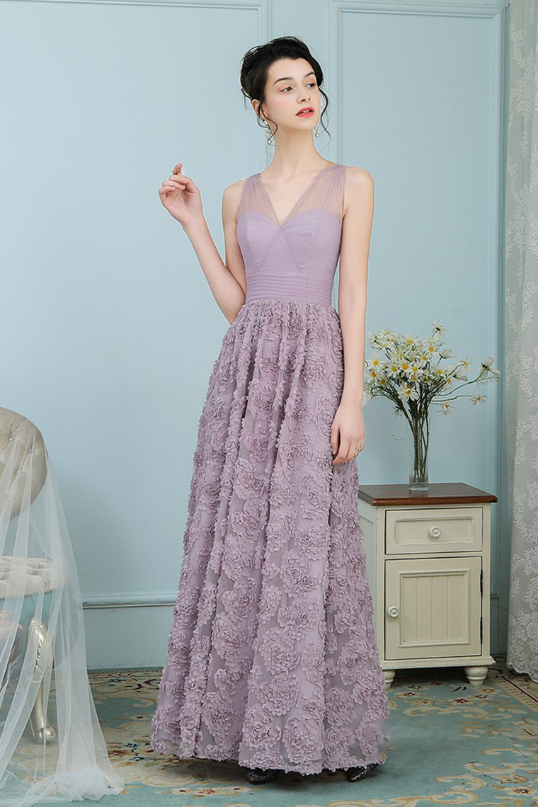 Allison Sleeveless A-Line/Princess V-Neck Floor Length Natural Waist Tulle Bridesmaid Dresses