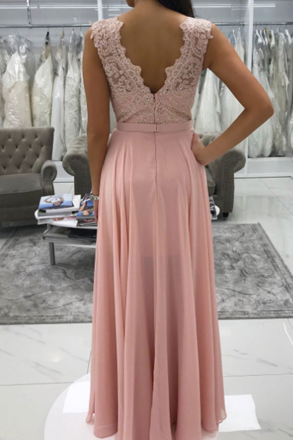 Chic V Neck Lace Appliques With Split Side Long Chiffon Prom Dresses