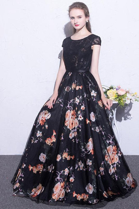 2024 Black Prom Dresses Scoop A-Line Floral Print Sexy Long Lace Prom