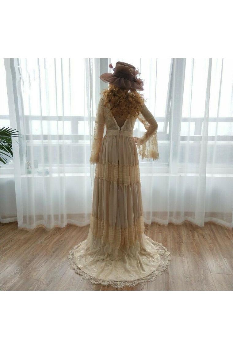 A Line Long Sleeves Deep V Neck Lace Backless Wedding Dresses Long Bridal STCPBASH993