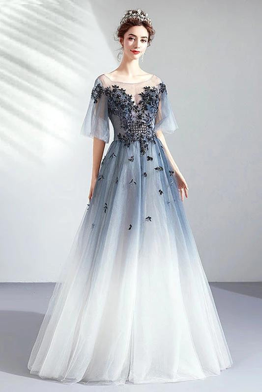 A Line Half Sleeves Tulle Long Ombre Prom Dress with Appliques Blue Evening Dresses STC15001