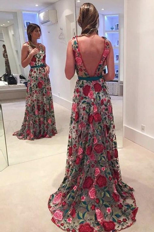 2024 Beautiful Prom Dresses Scoop Aline Rose Floral Embroidery Lace Prom
