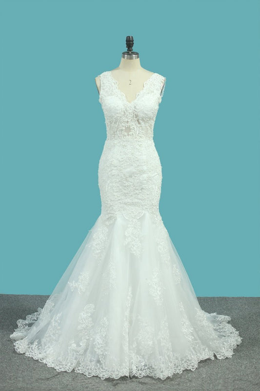 V Neck Mermaid Wedding Dresses Tulle With Applique And Beads Court
