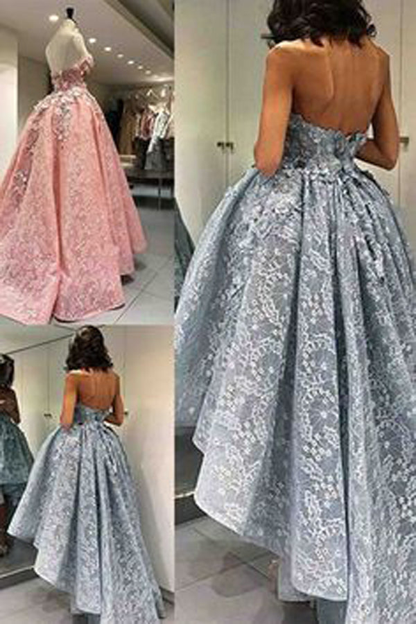 A Line Asymmetrical Sweetheart Strapless Sleeveless Mid Back Appliques Prom Dresses