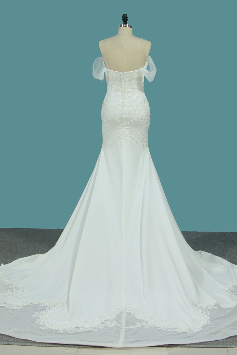 Wedding Dresses Mermaid Satin Off The Shoulder With Applique And Beads Cathedral