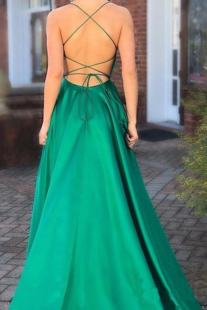 Elegant A Line Green Lace up Prom Dresses with Pockets Slit Formal Evening STC20406