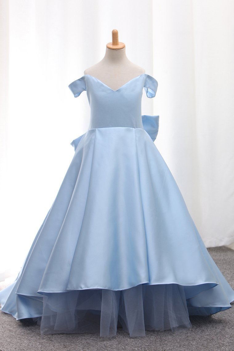 2024 Satin A Line Off The Shoulder Asymmetrical Flower Girl Dresses With