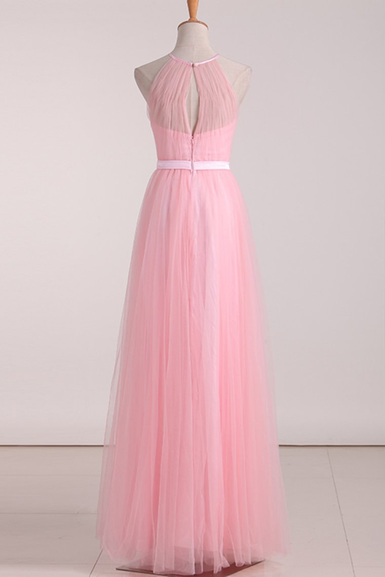 Floor Length Halter Ruched Bodice A Line Tulle Bridesmaid Dresses
