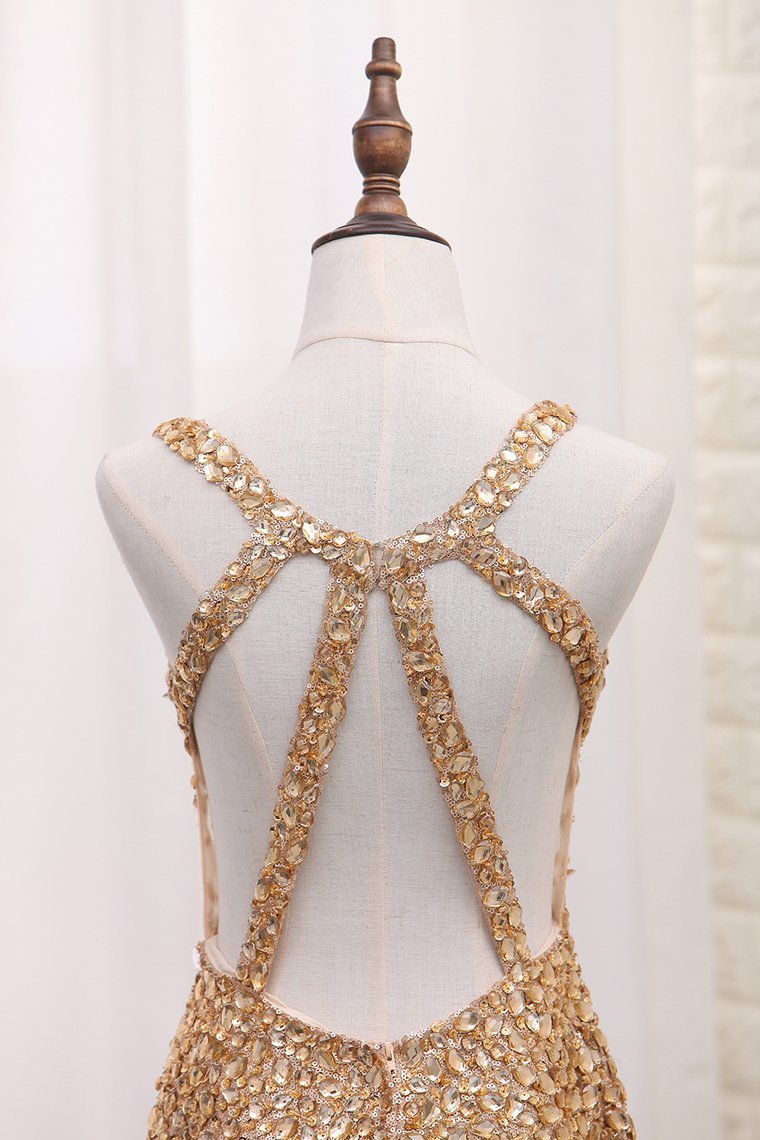 Luxury Mermaid Chiffon Beaded Bodice Straps Prom Dresses With Slit