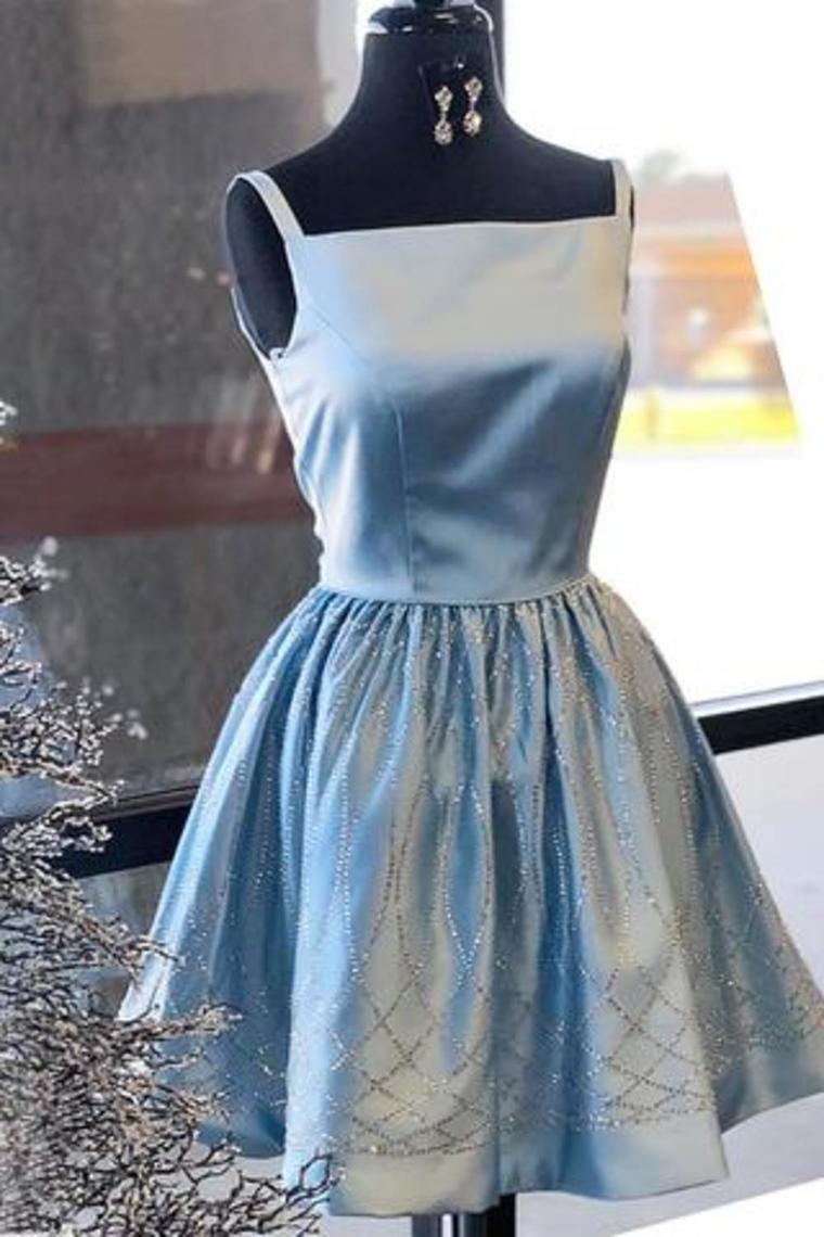 Shiny Blue Satin Beading Square Neck Sleeveless Homecoming Dress Knee Length Prom