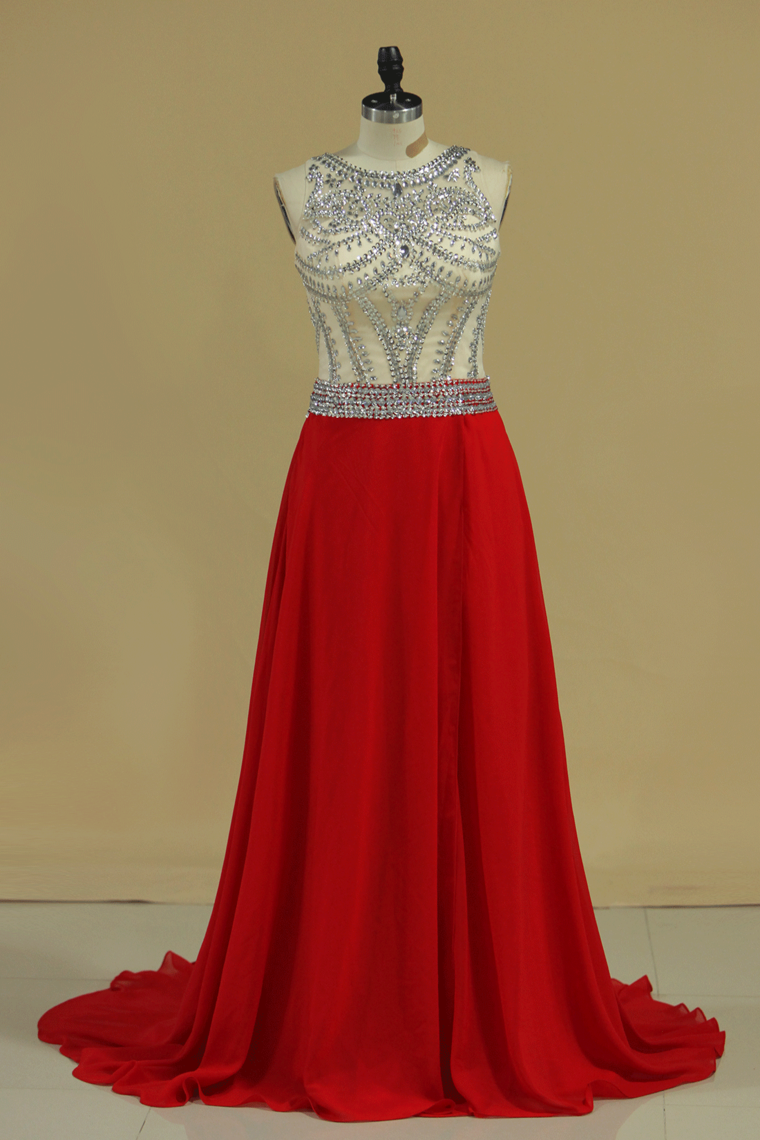 Scoop Prom Dresses A Line Beaded Bodice Court Train