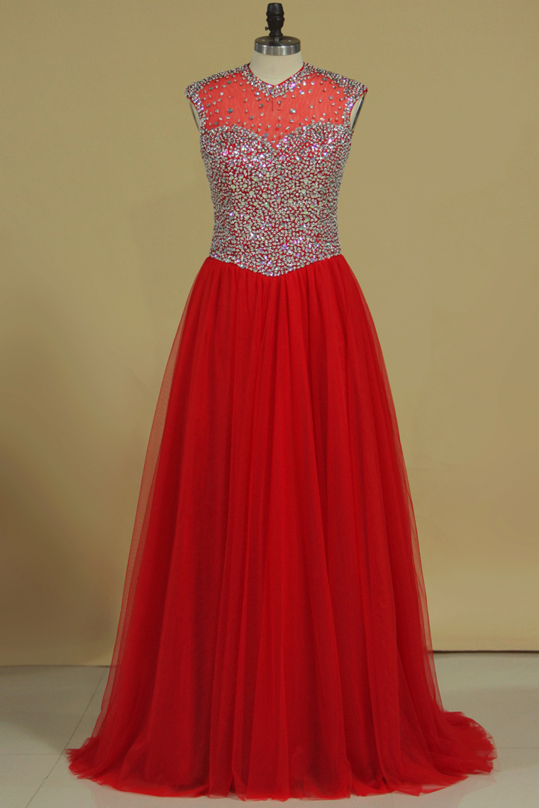 V Neck Beaded Bodice Tulle Prom Dresses A Line Sweep