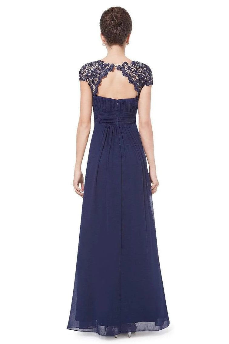 Elegant Lace Cap Sleeve Chiffon Evening Gowns Open Back Bateau Long Prom Dresses STC15170