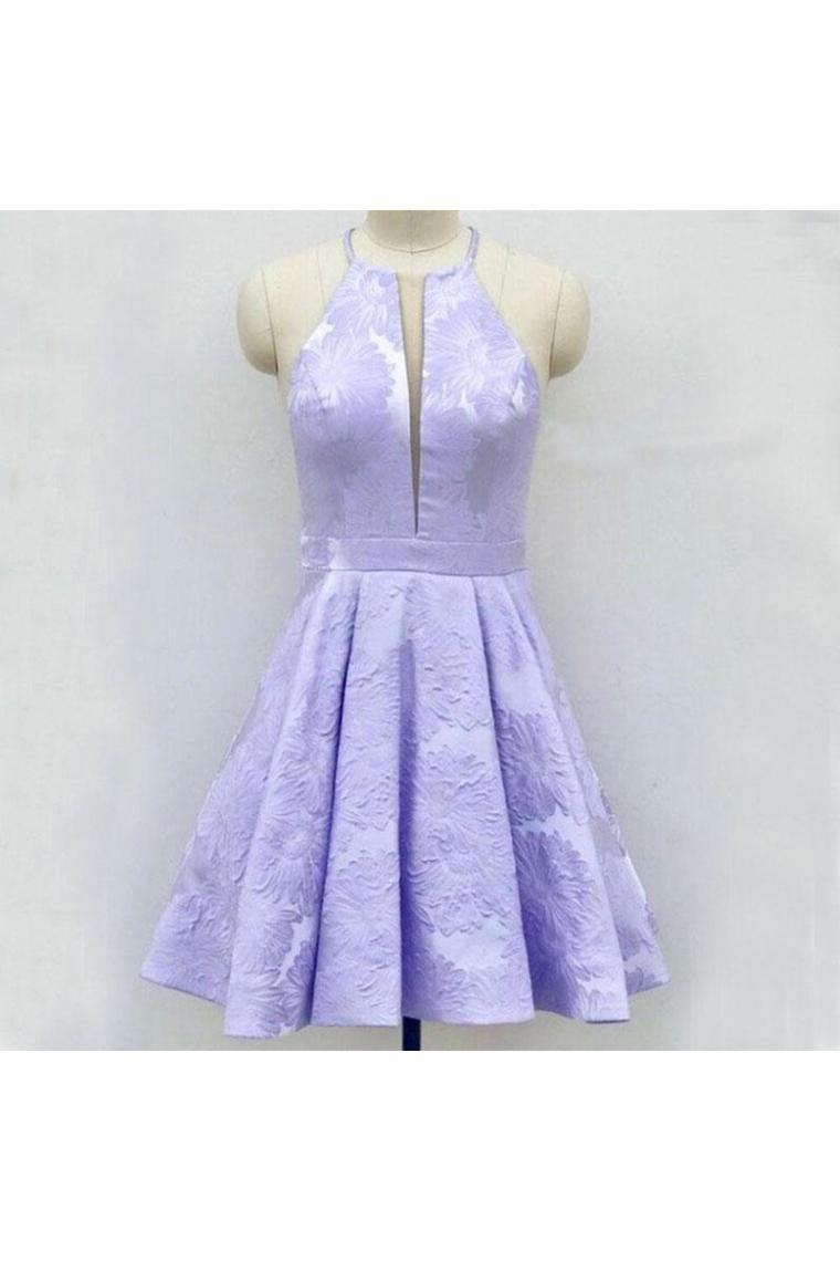 A-Line Above-Knee Lilac Satin Printed Homecoming Dress With