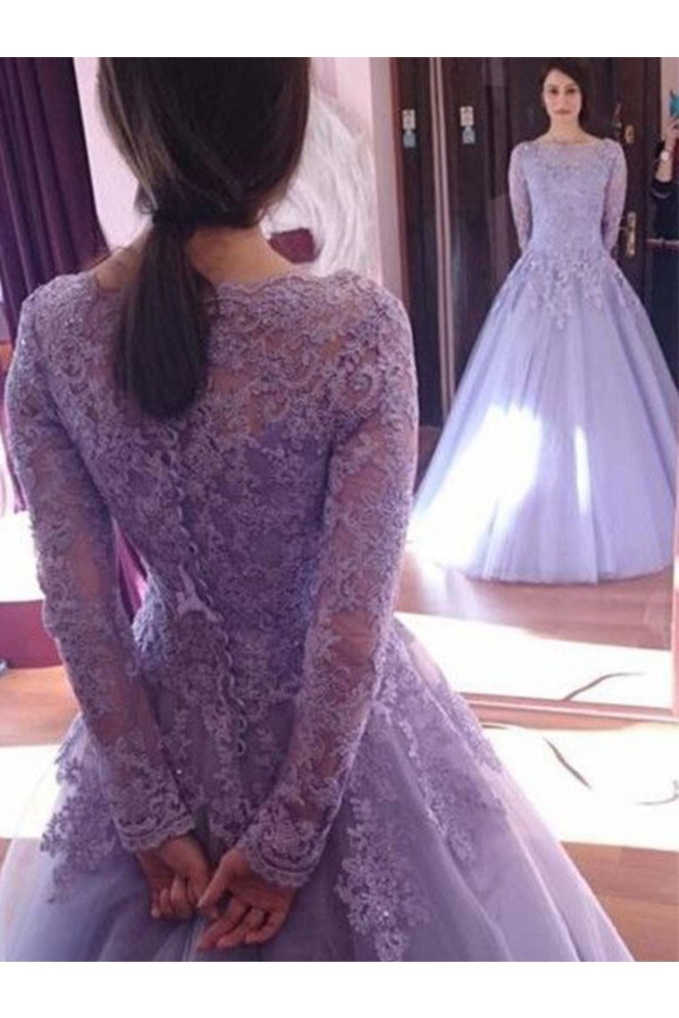 Ball Gown Jewel Long Sleeves Floor-Length Lace Tulle