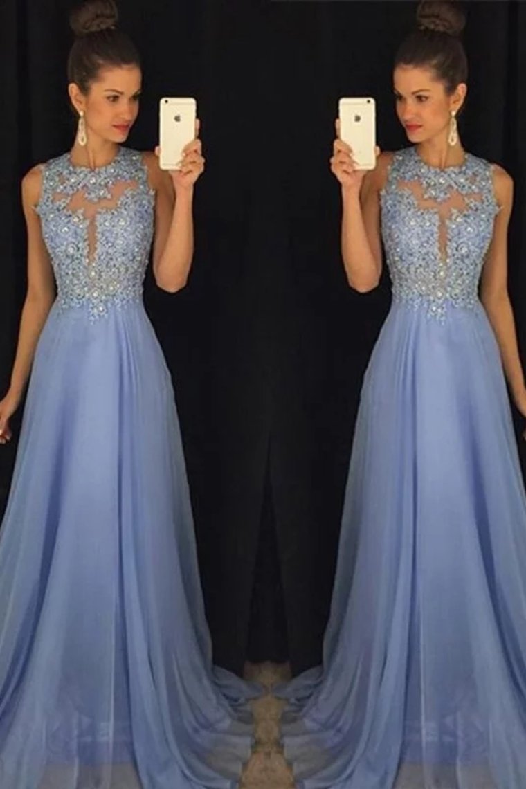 A-Line/Princess Scoop Chiffon Prom Dress With Applique Sweep/Brush