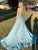 Sexy A line See Through Strapless Slit Backless Blue Prom Dresses with Appliques STC15593