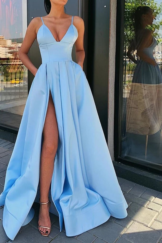 A Line Blue Satin Long Prom Dresses, V Neck High Slit Formal Evening Dresses with Pockets STC14992