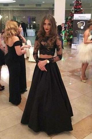 Elegant Two Piece A-line Lace Long Sleeves Black Prom Dresses