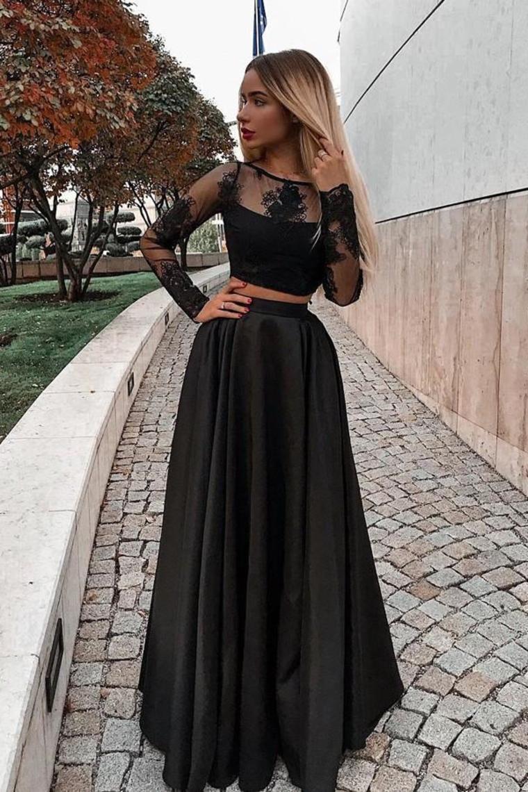 2024 Long Sleeves Scoop Prom Dresses A Line Satin With Applique Two