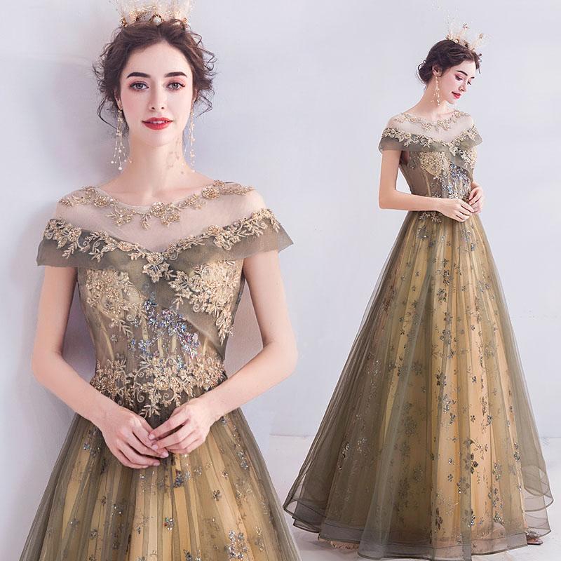 Elegant Round Neck Sequins Tulle Appliques Prom Dresses with Short Sleeves, Dance Dresses STC15197