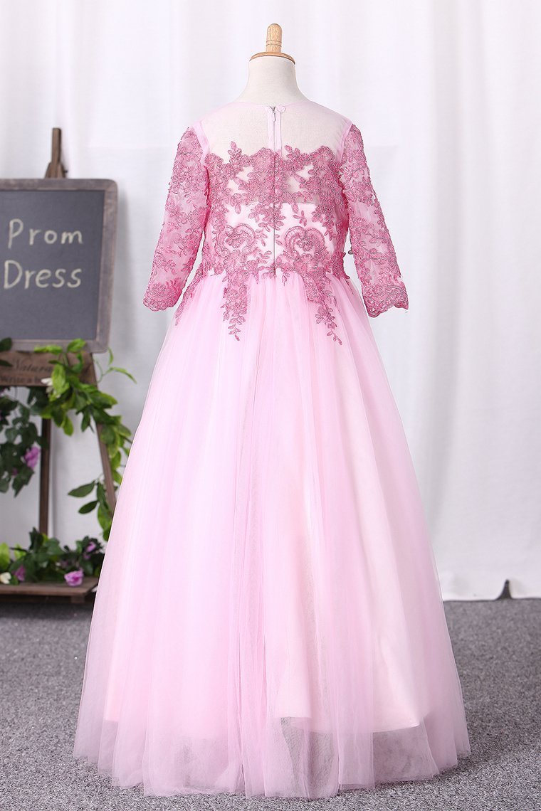 2024 Flower Girl Dresses Ball Gown Scoop 3/4 Length Sleeves Tulle Floor Length With