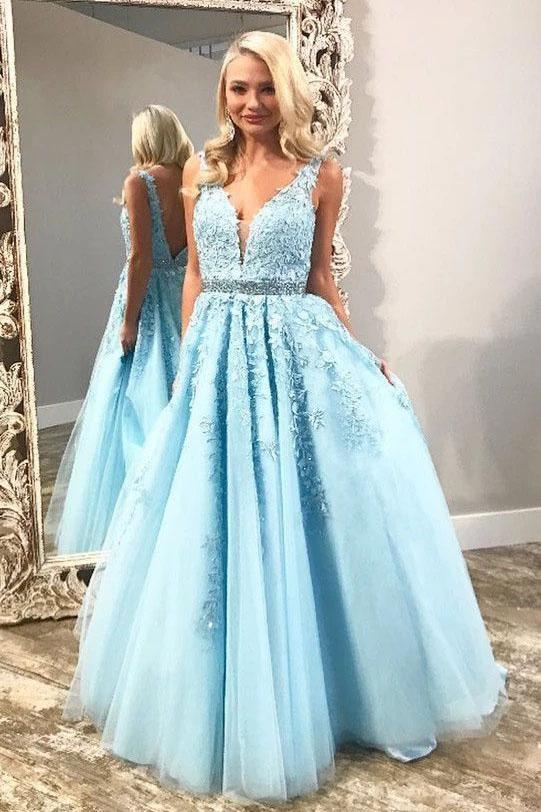 Elegant Light Sky Blue V Neck Tulle Prom Dress with Lace Appliques, Long Beads Formal Dress STC15173