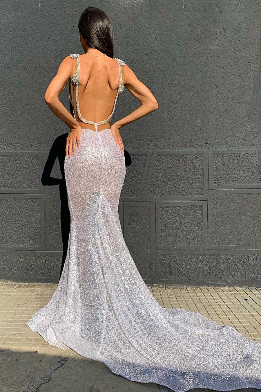 Sexy Deep V Neck Sequined Prom Dresses, Stunning Backless Mermaid Evening Dresses STC15595
