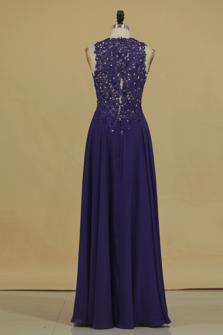 Scoop With Applique And Beads Chiffon Prom Dresses A Line Sweep