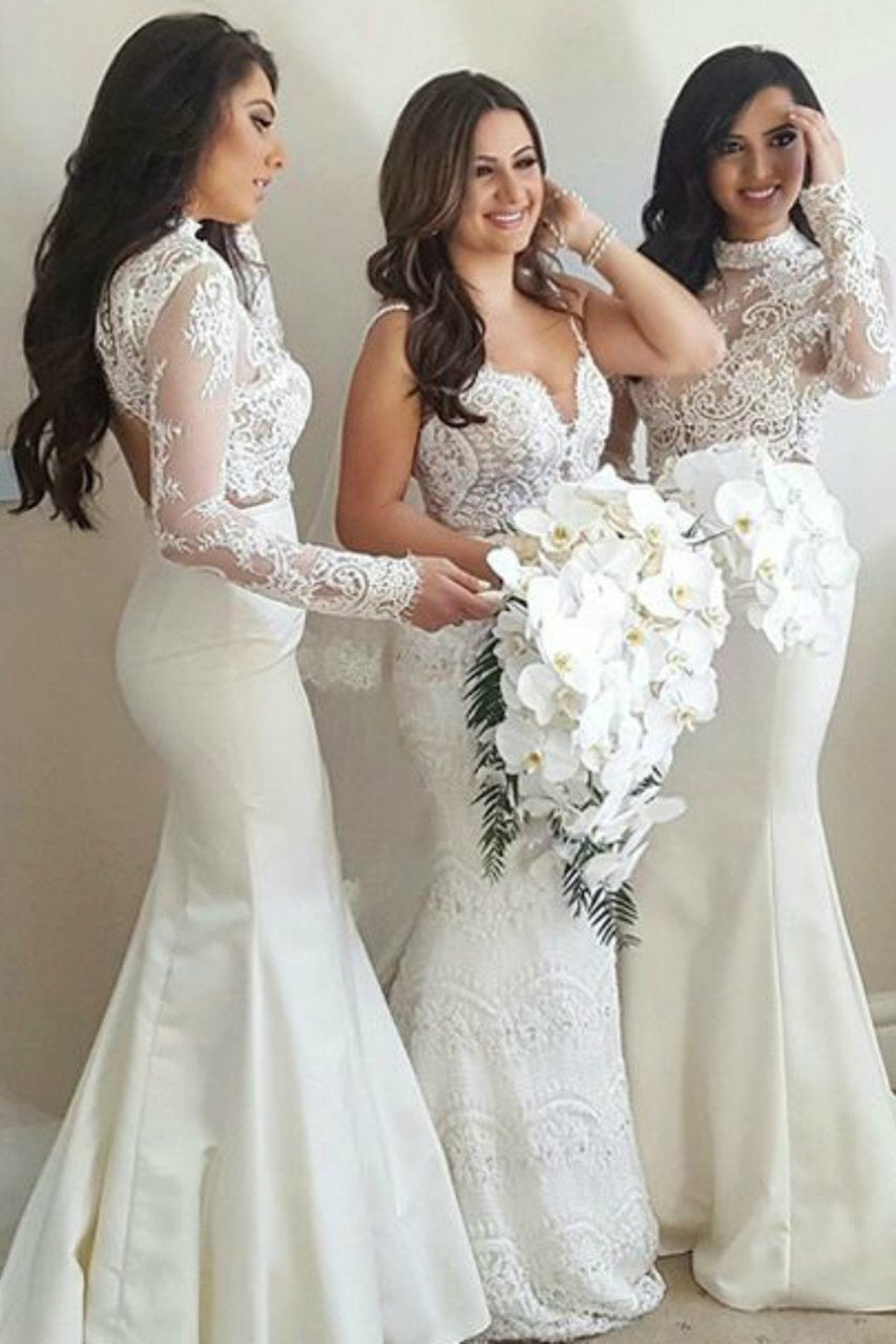 Long Sleeve Mermaid High Neck Ivory Bridesmaid Dress with Lace,Wedding Party STC20486