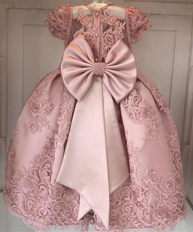 Princess Ball Gown Round Neck Pink Beads Flower Girl Dresses with Appliques STC15587